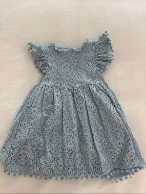 Girls Light Blue Lace Pom-Pom Sleeve Dress